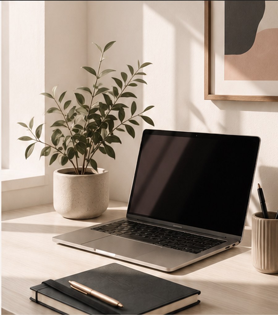 Bureau élégant avec ordinateur et plante